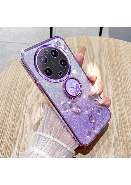 Xiaomi 13 Ultra Çiçek Deseni Glitter Şok Geçirmez Tpu Kapak Yüzüğü Kickstand Telefon Vaka-Mor (Yurt Dışından) modelleri