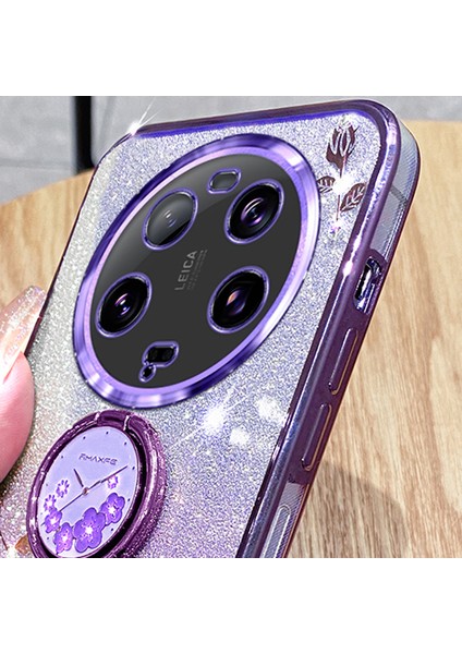 Xiaomi 13 Ultra Çiçek Deseni Glitter Şok Geçirmez Tpu Kapak Yüzüğü Kickstand Telefon Vaka-Mor (Yurt Dışından) fırsatları