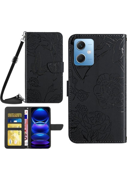 Xiaomi Redmi Için HT03 Not 12 5g (Global)/(Hindistan)/(Çin)/poco X5 5g Kelebek Çiçekleri Baskılı Cilt Touch Pu Deri Kapak Cüzdan Fonksiyonu Telefon Kılıfı Omuz Kayış Black (Yurt Dışından)