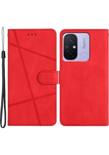 Xiaomi Için Redmi 12C 4g Baskılı Çizgiler Cüzdan Deri Telefon Kılıf Çılgın At Doku Standı Kapak-Kırmızı (Yurt Dışından)