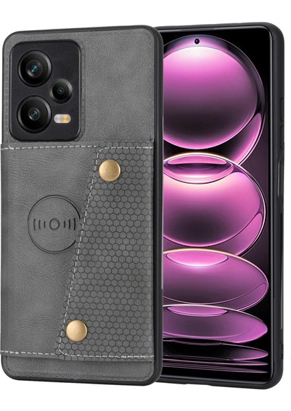 Xiaomi Redmi Için Note 12 Pro 5g Kickstand Pu Deri Kaplamalı Tpu Kasa Çift Düğme Kart Yuvaları Telefon Kapağı Araba Montajı Metal Sac Grey (Yurt Dışından)