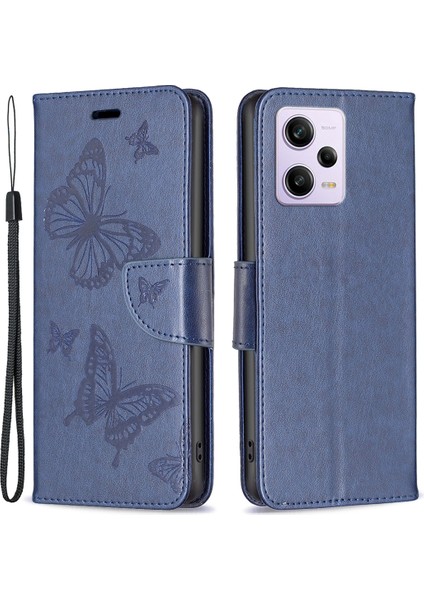 Xiaomi Redmi Için Şok Geçirmez Kılıf Not 12 Pro 5g/not 12 Pro Hız 5g/poco X5 Pro 5g Pu Deri Kapak Kelebek Baskılı Cüzdan Telefon Kılıfı Strap-Dark Mavi (Yurt Dışından)