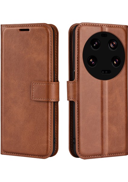 Xiaomi Için 13 Ultra Kare Manyetik Kapatma Buzağı Dokusu Stand Cüzdan Pu Deri Telefon Kahretsin Kahverengi (Yurt Dışından)