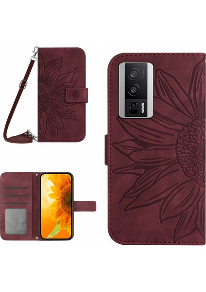 HT04 Cüzdan Flip Kapak Xiaomi Için Poco F5 Pro 5g/redmi K60 5G/K60 Pro 5g, Pu Deri Standı Ayçiçeği Deseni Omuz Askısı Kırmızıyla Baskılı Telefon Kılıfı (Yurt Dışından)