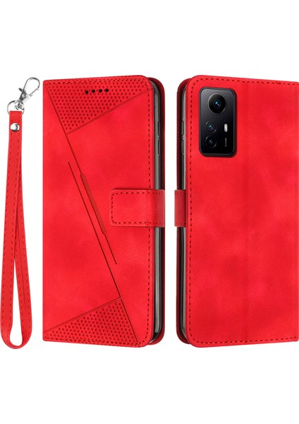 Üçgen Xiaomi Redmi Için Deri Deri Kapağı Not 12S 4g Çizgi Anti-Çizelge Cüzdan Stand Telefon Kılıfı Strap-Red ile (Yurt Dışından)
