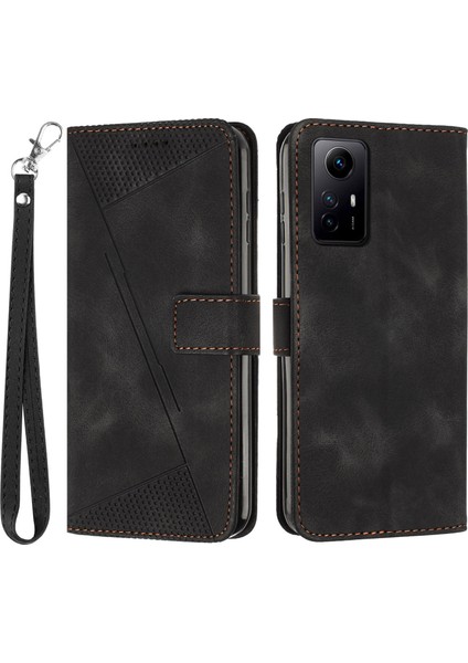 Üçgen Xiaomi Redmi Için Deri Kapak Not 12S 4g Çizgi Anti-Çizelge Cüzdan Stand Telefon Kılıfı Strap-Black (Yurt Dışından)