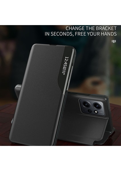 Xiaomi Için Redmi Not 12 4g Yan Görünüm Pencere Stand Standı Kılıf Önleme Pu Deri Telefon Kapak Black (Yurt Dışından)