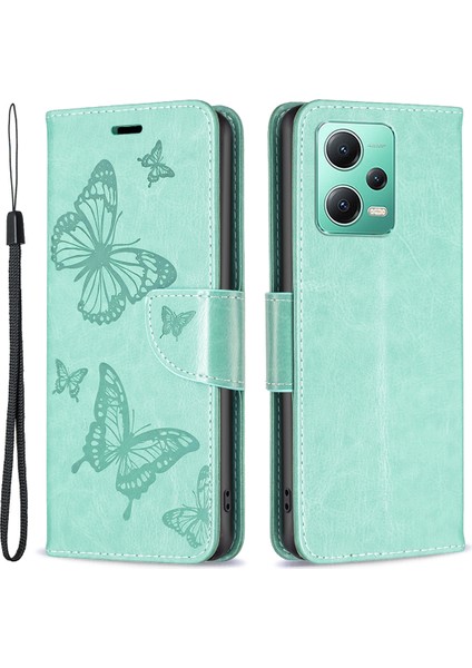 Xiaomi Redmi Için Pu Deri Kılıf Not 12 5g (Global)/(Hindistan)/(Çin)/poco X5 5g Cüzdan Telefon Kapağı Kelebek Baskılı Telefon Kılıfı Kayış Yeşili (Yurt Dışından)