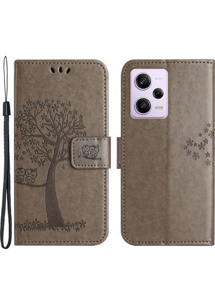 Xiaomi Redmi Için Anti-Drop Telefon Kılıfı Not 12 5g (Global)/(Hindistan)/(Çin)/poco X5 5g Pu Deri Koruyucu Telefon Kapak Standı Baskılı Baykuş Ağacı Desen Grey (Yurt Dışından)