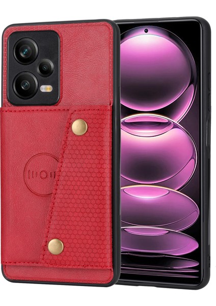 Xiaomi Redmi Için Note 12 Pro 5g Kickstand Pu Deri Kaplamalı Tpu Kasa Çift Düğme Kart Yuvaları Telefon Kapağı Araba Montajı Metal Kırmızı (Yurt Dışından)