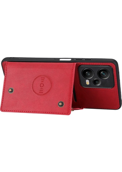 Xiaomi Redmi Için Note 12 Pro 5g Kickstand Pu Deri Kaplamalı Tpu Kasa Çift Düğme Kart Yuvaları Telefon Kapağı Araba Montajı Metal Kırmızı (Yurt Dışından) modelleri