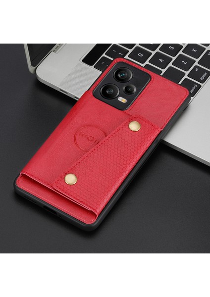 Xiaomi Redmi Için Note 12 Pro 5g Kickstand Pu Deri Kaplamalı Tpu Kasa Çift Düğme Kart Yuvaları Telefon Kapağı Araba Montajı Metal Kırmızı (Yurt Dışından) indirimleri