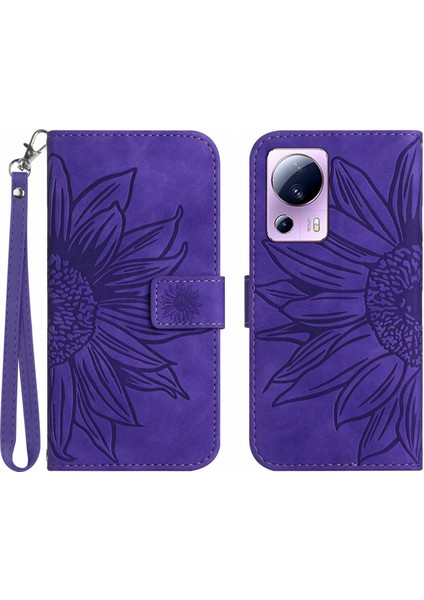 Xiaomi 13 Lite/civi 2 5g HT04 Pu Deri Telefon Kasası Ayçiçeği Baskılı Flip Cüzdan Standı Anti-Fall Telefon Kapak-Dark Mor (Yurt Dışından)