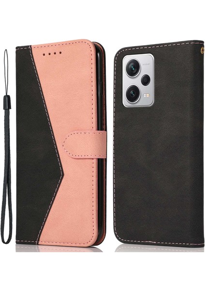 Xiaomi Redmi Için Note 12 Pro 5g/note 12 Pro Speed ​​5g/poco X5 Pro 5g Renkli Ekleme Pu Deri Stand Örneği Manyetik Toka Telefon Cüzdan Kapağı Bilek Kayış-Siyah/pembe (Yurt Dışından)