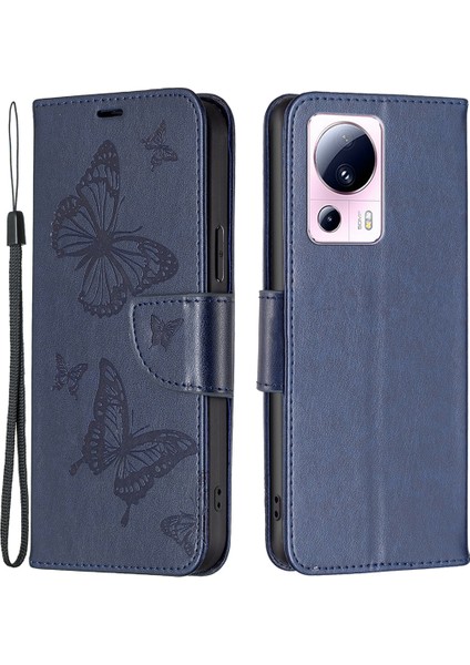 Xiaomi 13 Lite/civi 2 5g Telefon Deri Kılıf Cüzdan Stand Butterfly Strap-Dark Mavi ile Baskılı Telefon Kapağı (Yurt Dışından)