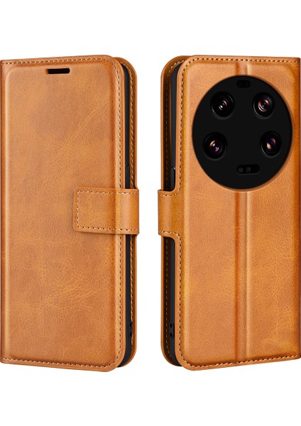 Xiaomi Için 13 Ultra Kare Manyetik Kapatma Buzağı Doku Standı Cüzdan Pu Deri Telefon Kılıfı Sarı (Yurt Dışından)