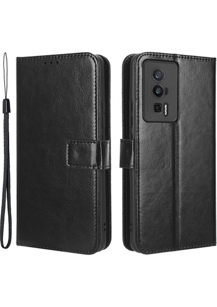 Xiaomi Için Deri Telefon Kılıfı Poco F5 Pro 5g/redmi K60 Pro 5G/K60 5G/K60 Şampiyon Edition Çılgın At Doku Doku Stand Cüzdan Cep Telefonu Kapak Strap-Black (Yurt Dışından)