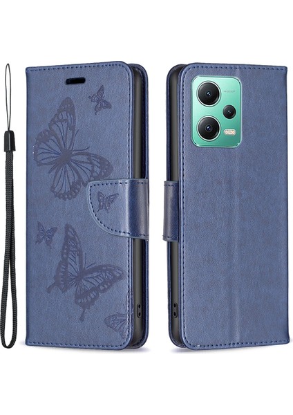 Xiaomi Redmi Için Pu Deri Kılıf Not 12 5g (Global)/(Hindistan)/(Çin)/poco X5 5g Cüzdan Telefon Kapağı Kelebek Baskılı Telefon Kılıfı Strap-Dark Mavi (Yurt Dışından)