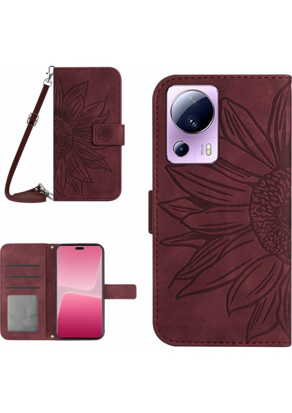 Xiaomi 13 Lite/civi 2 5g HT04 Flip Deri Cüzdan Telefon Kapağı Ayçiçeği Baskılı Stand Anti-Drop Telefon Kılıfı Strap-Wine Red ile (Yurt Dışından)