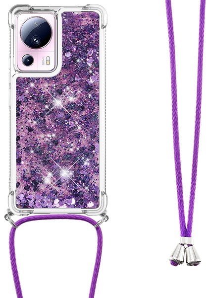 Xiaomi 13 Lite/civi 2 5g Için Sıvı Bling Kılıfı, Şok Geçirmez Yumuşak Tpu Telefon Kapağı Lanyard-Dark Mor/kalpler (Yurt Dışından)