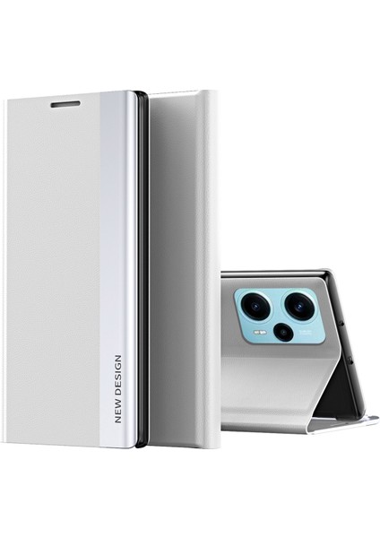 Xiaomi Için Poco F5 5g/redmi Note 12 Turbo Pu Deri Deri Kapak Elektrapılaşma Anti-Çizelge Anti Tele Kılıfı Stand-White (Yurt Dışından)