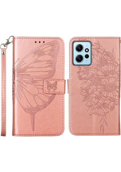 Xiaomi Için Redmi Note 12 4g Kelebek Çiçeği Basılı Pu Deri Stand Cüzdan Telefon Kılıfı El Strap-Rose Altın (Yurt Dışından)