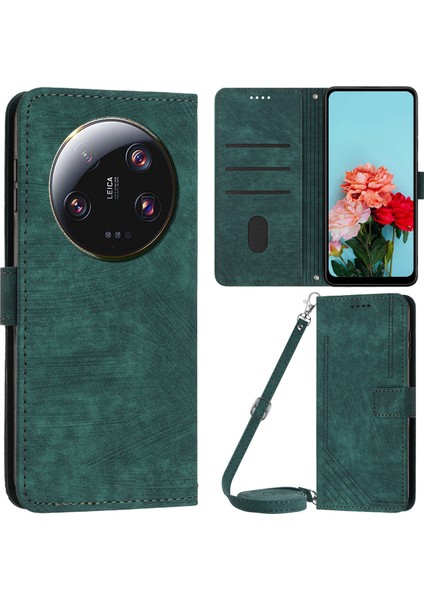 Xiaomi 13 Ultra Pu Deri Telefon Stand Kılıfı Cüzdan Çizgileri Omuz Kayış Yeşili ile Baskılı Kapak (Yurt Dışından)