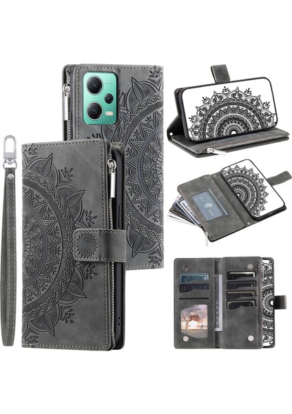 Xiaomi Redmi Için Note 12 5g (Çin)/(Global)/(Hindistan)/poco X5 5g Mandala Çiçek Teleges Telefon Cüzdan Kılıfı Pu Deri Stand Kapak-Grey (Yurt Dışından)