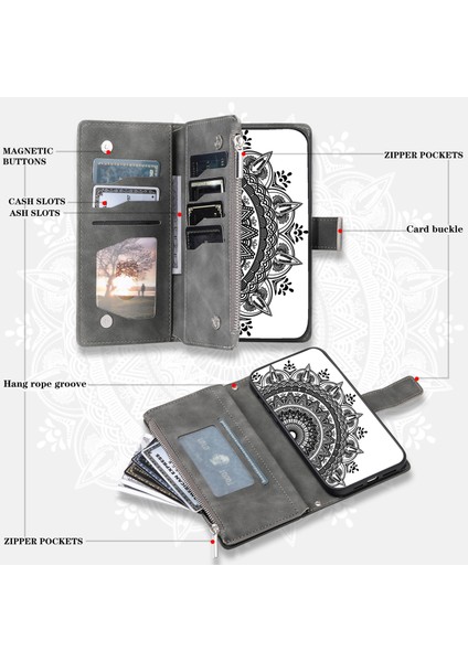 Xiaomi Redmi Için Note 12 5g (Çin)/(Global)/(Hindistan)/poco X5 5g Mandala Çiçek Teleges Telefon Cüzdan Kılıfı Pu Deri Stand Kapak-Grey (Yurt Dışından)
