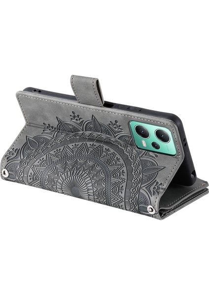Xiaomi Redmi Için Note 12 5g (Çin)/(Global)/(Hindistan)/poco X5 5g Mandala Çiçek Teleges Telefon Cüzdan Kılıfı Pu Deri Stand Kapak-Grey (Yurt Dışından)