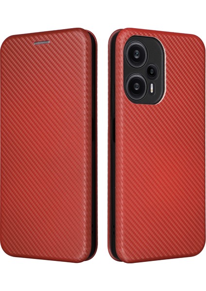 Xiaomi Için Redmi Note 12 Turbo/poco F5 5g Karbon Fiber Doku Deri Deri Kılıf Flip Stand Cep Telefonu Kapak Kahverengi (Yurt Dışından)