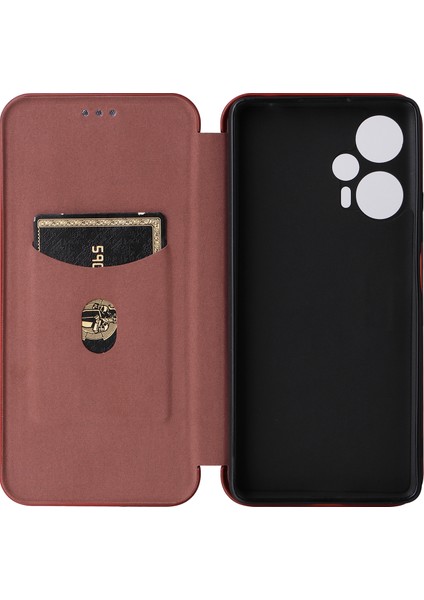 Xiaomi Için Redmi Note 12 Turbo/poco F5 5g Karbon Fiber Doku Deri Deri Kılıf Flip Stand Cep Telefonu Kapak Kahverengi (Yurt Dışından)