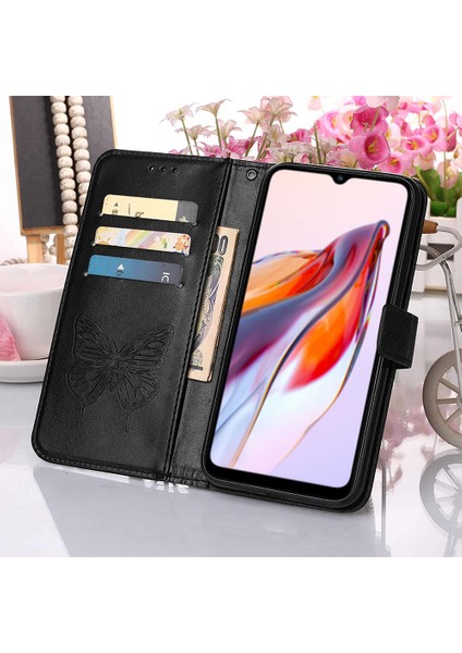 Xiaomi Redmi Için Deri Telefon Kılıfı 12C 4G/11A 4g/poco C55 4g, Cüzdan Kelebek Çiçek Stand El Strap-Black ile Flip Telefon Kapağı (Yurt Dışından) fırsatları