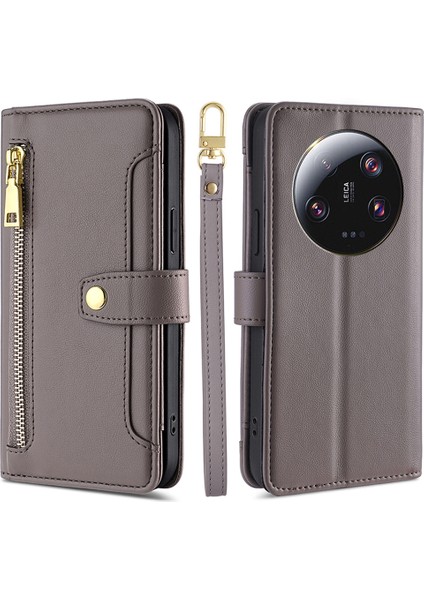 Xiaomi 13 Ultra Anti-Colision Pu Deri+Tpu Telefon Kapak Stand Cüzdan Kılıfı Zipper Cep-Grey (Yurt Dışından)