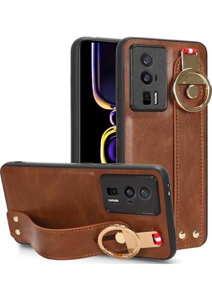 Bilek Bant Kickstand Telefon Kapağı Xiaomi Poco F5 Pro 5g/redmi K60 Pro 5G/K60 5g, Deri Kaplamalı Pc+Tpu Boyun Kayış-Kahverengi (Yurt Dışından)