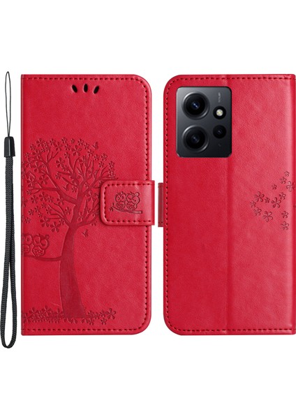 Xiaomi Için Redmi Not 12 4g Baykuş Ağacı Baskılı Desen Telefon Cüzdan Kılıfı Pu Deri Stand Telefon Kapak-Kırmızı (Yurt Dışından)