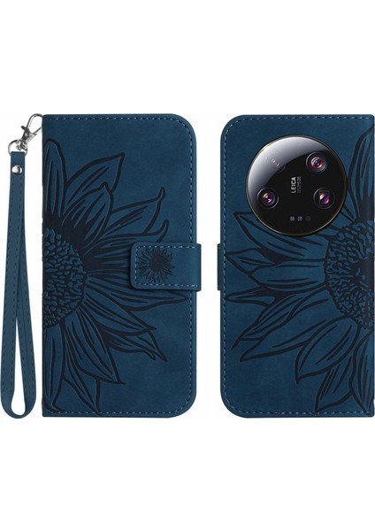 Xiaomi Için HT04 13 Ultra Anti-Dust Ayçiçeği Desen Cüzdan Kapağı Pu Deri Stand Telefon Kılıfı El Strap-Dark Mavi (Yurt Dışından)