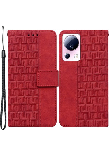 Xiaomi Için 13 Lite/civi 2 5g Cüzdan Deri Kılıf Geometri Deseni Baskılı Telefon Stand Kapak-Kırmızı (Yurt Dışından)