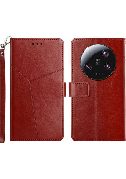 Xiaomi Için HT01 13 Ultra Cep Telefonu Kapağı Y Şeklinde Hat Baskı Stand Cüzdan Pu Deri+Tpu Kapak-Kahverengi (Yurt Dışından)