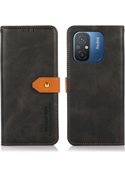 Xiaomi Için Khazneh Redmi 12C 4G/11A 4g Cowhide Doku Deri Deri Cüzdan Kapak Standı Anti-Drop Telefon Kılıfı Black (Yurt Dışından)