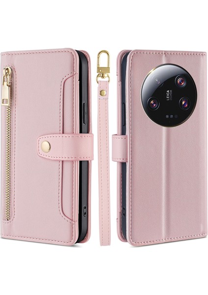 Xiaomi 13 Ultra Anti-Contision Pu Deri+Tpu Telefon Kapağı Stand Cüzdan Kılıfı Zipper Cep-Pembe (Yurt Dışından)