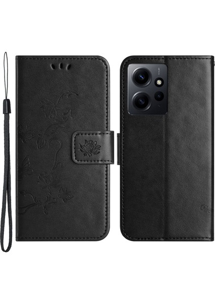 Xiaomi Için Redmi Note 12 4g Deri Telefon Kılıfı Baskılı Kelebek Çiçek Manyetik Tutucu Flip Stand Cüzdan Kapak Black (Yurt Dışından)