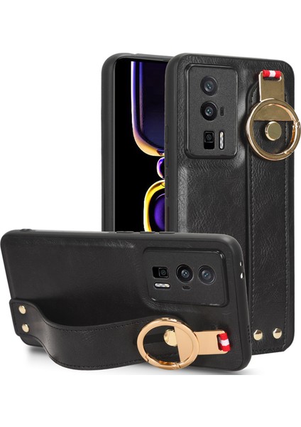 Bileklik Kickstand Telefon Kapağı Xiaomi Poco F5 Pro 5g/redmi K60 Pro 5G/K60 5g, Deri Kaplamalı Pc+Boyun Kayışı Black ile Tpu Kılıf (Yurt Dışından)