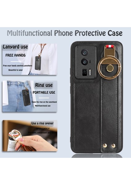 Bileklik Kickstand Telefon Kapağı Xiaomi Poco F5 Pro 5g/redmi K60 Pro 5G/K60 5g, Deri Kaplamalı Pc+Boyun Kayışı Black ile Tpu Kılıf (Yurt Dışından) fırsatları