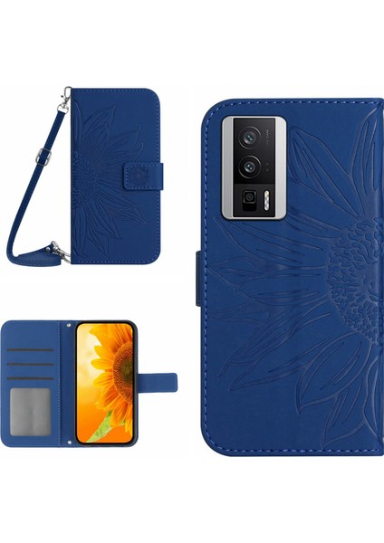HT04 Cüzdan Flip Kapak Xiaomi Için Poco F5 Pro 5g/redmi K60 5G/K60 Pro 5g, Pu Deri Standı Ayçiçeği Deseni Omuz Askısı Sapfirli Baskılı Telefon Kasası (Yurt Dışından)
