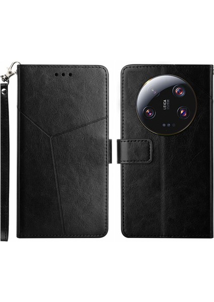 Xiaomi Için HT01 13 Ultra Cep Telefonu Kapağı Y Şeklinde Hat Baskılı Stand Cüzdan Pu Deri+Tpu Kapak Black (Yurt Dışından)