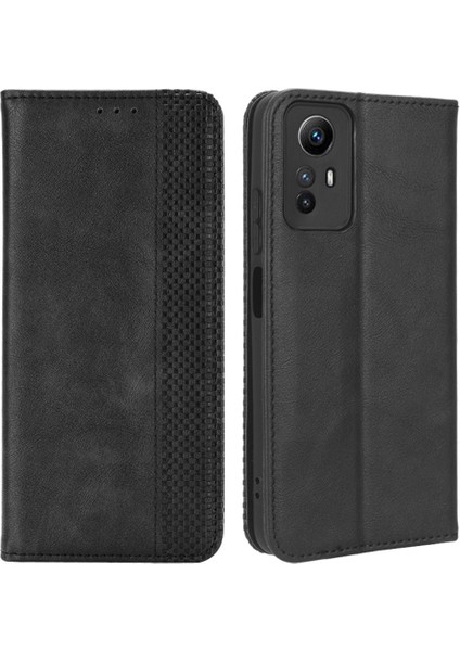Xiaomi Redmi Için Manyetik Kapanış Deri Kılıfı Not 12S 4g, Stand Cüzdan Retro Telefon Kapak Black (Yurt Dışından)