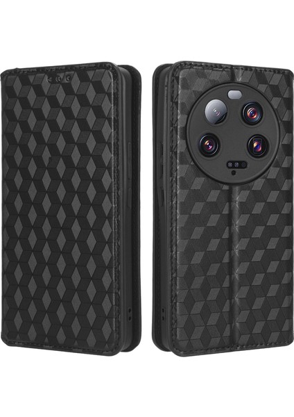 Xiaomi 13 Ultra Rhombus Için Baskılı Pu Deri Telefon Kılıfı Cüzdan Stand Flip Cover-Black (Yurt Dışından)