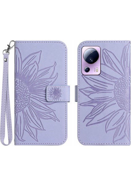 Xiaomi Için 13 Lite/civi 2 5g HT04 Pu Deri Telefon Kılıfı Ayçiçeği Baskılı Flip Cüzdan Standı Anti-Fall Telefon Kapak Işık Mor (Yurt Dışından)