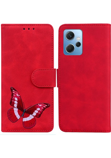 Xiaomi Için Redmi Note 12 4g Pu Deri Cüzdan Kapak Kelebek Baskı Flip Stand Şok Geçirmez Telefon Kasa-Kırmızı (Yurt Dışından)